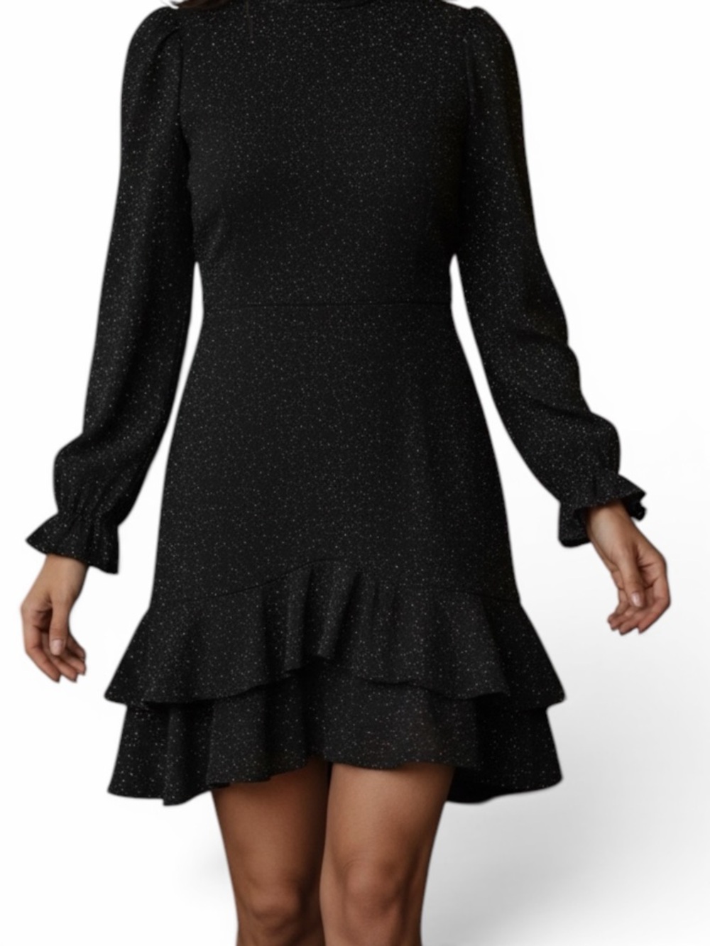 Long-Sleeve Black Sparkle Ruffle Tiered Mini Dress
